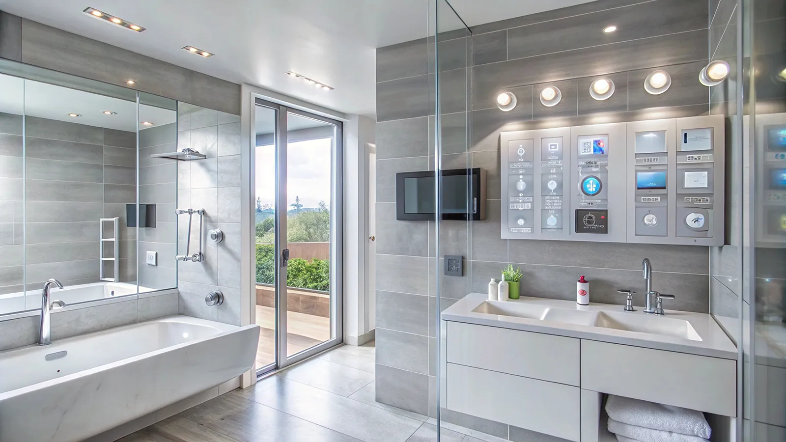 Modern bathroom with walk in shower, large format neutral tiles, floating vanity and warm ambient lighting, showcasing contemporary bathroom renovation ideas.