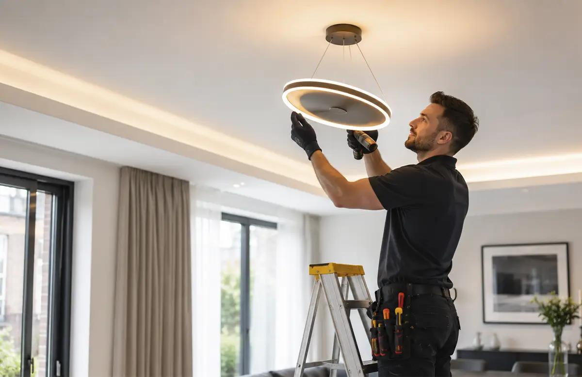 Qualified electrician installing a modern ceiling light in a London home