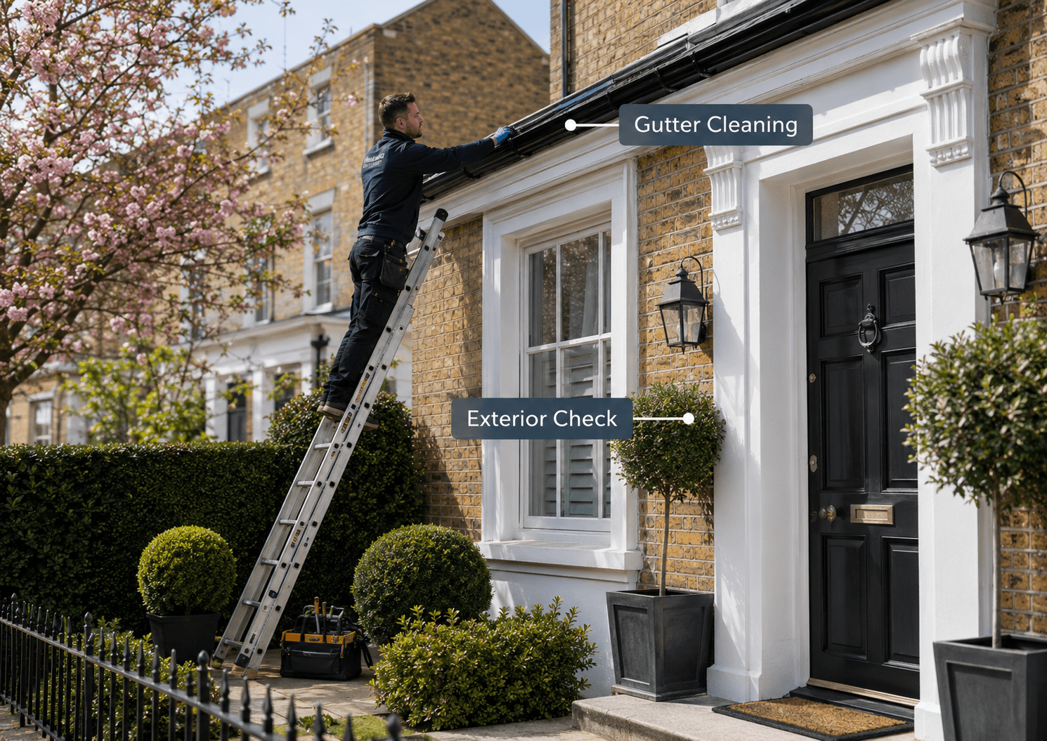 Handyman carrying out gutter cleaning and exterior home maintenance on a London property