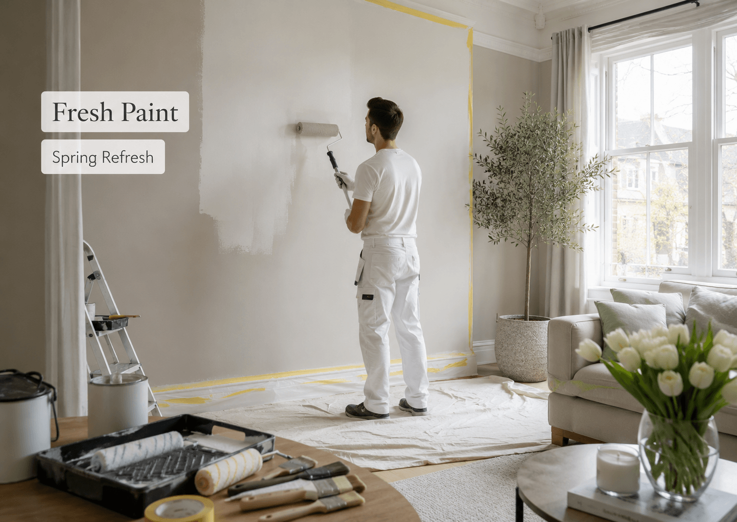 Professional decorator refreshing interior walls with fresh paint during spring home maintenance