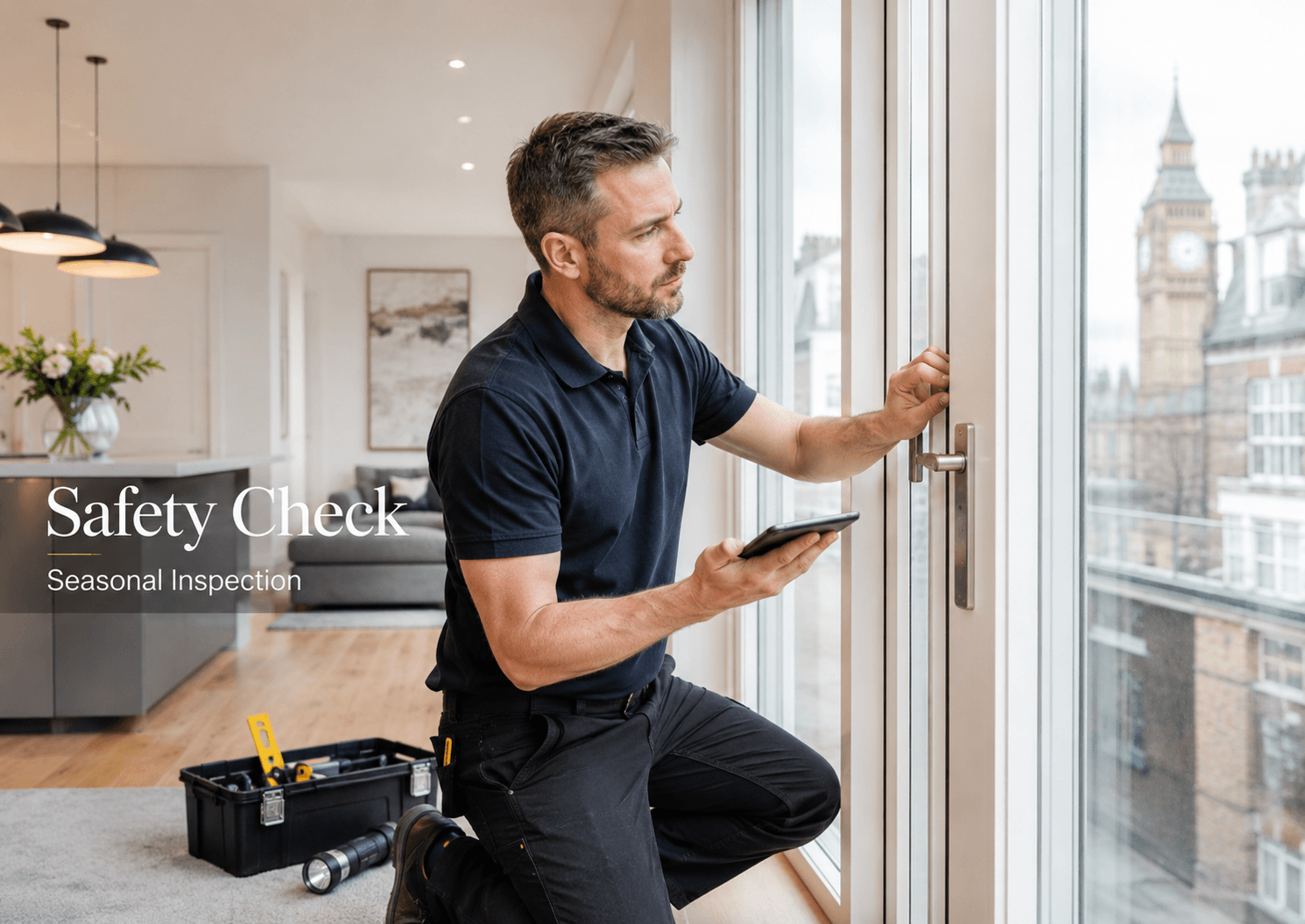 Handyman performing safety checks and seasonal inspection inside a modern London home
