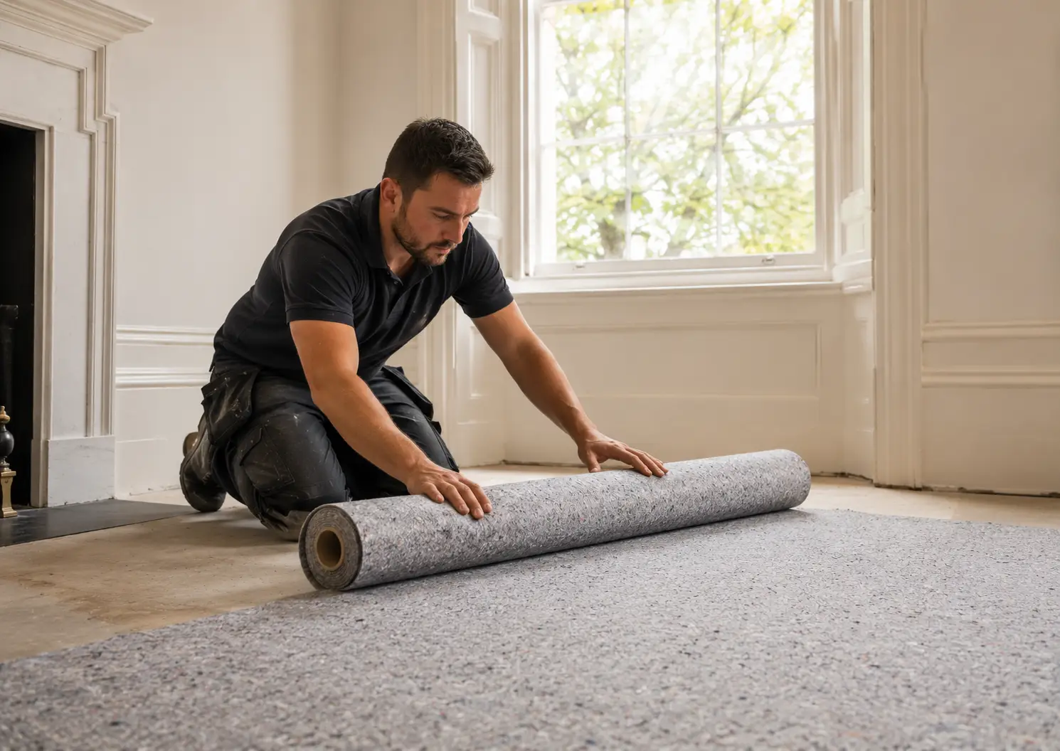 Craftsman laying acoustic underlay in an upper-floor period London flat