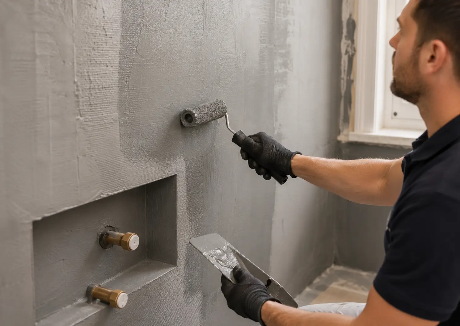 Craftsman applying a waterproof tanking membrane behind bathroom tiles