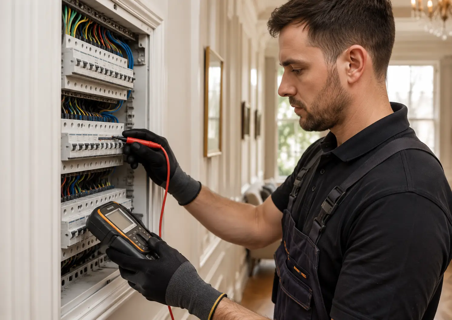 Electrician carrying out an EICR inspection on a consumer unit in a period London flat