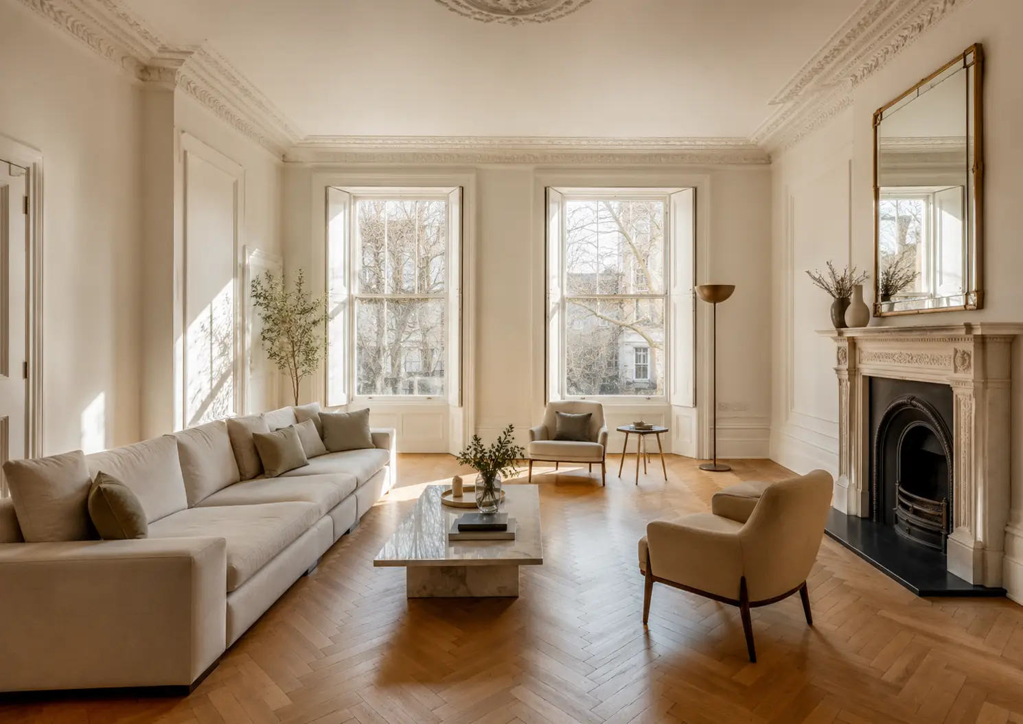Freshly refurbished period living room in a Central London flat prepared for new tenants