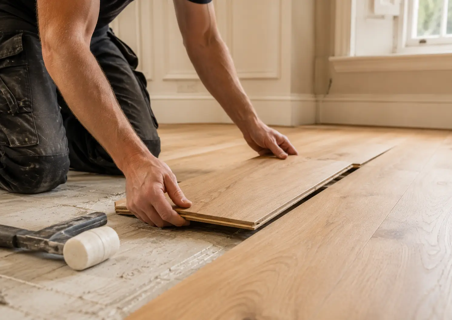 Craftsman fitting engineered oak wood flooring in a Central London period flat