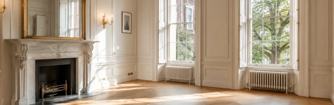 Restored herringbone oak parquet floor in a Georgian Central London drawing room