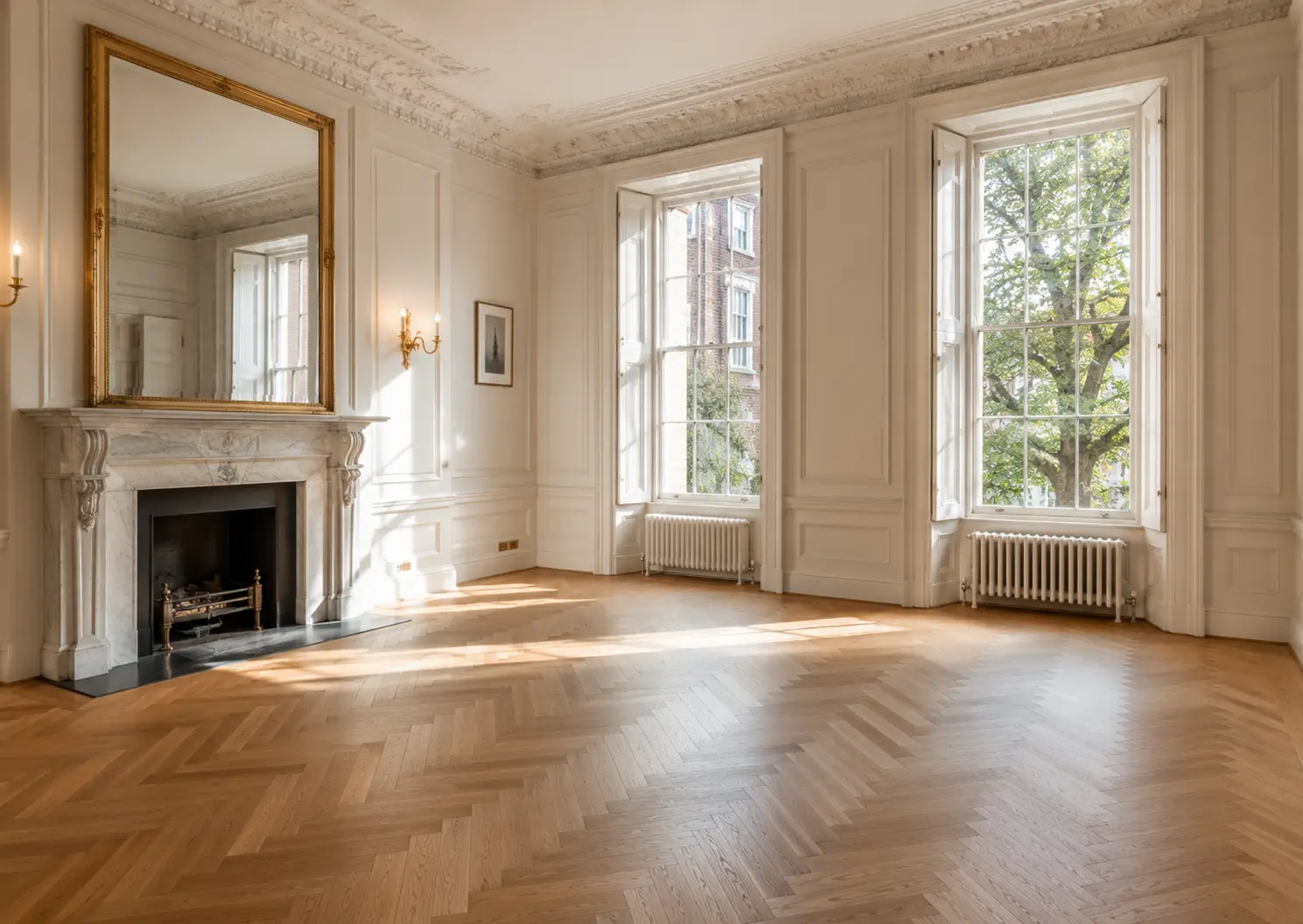 Restored herringbone oak parquet floor in a Georgian Central London drawing room
