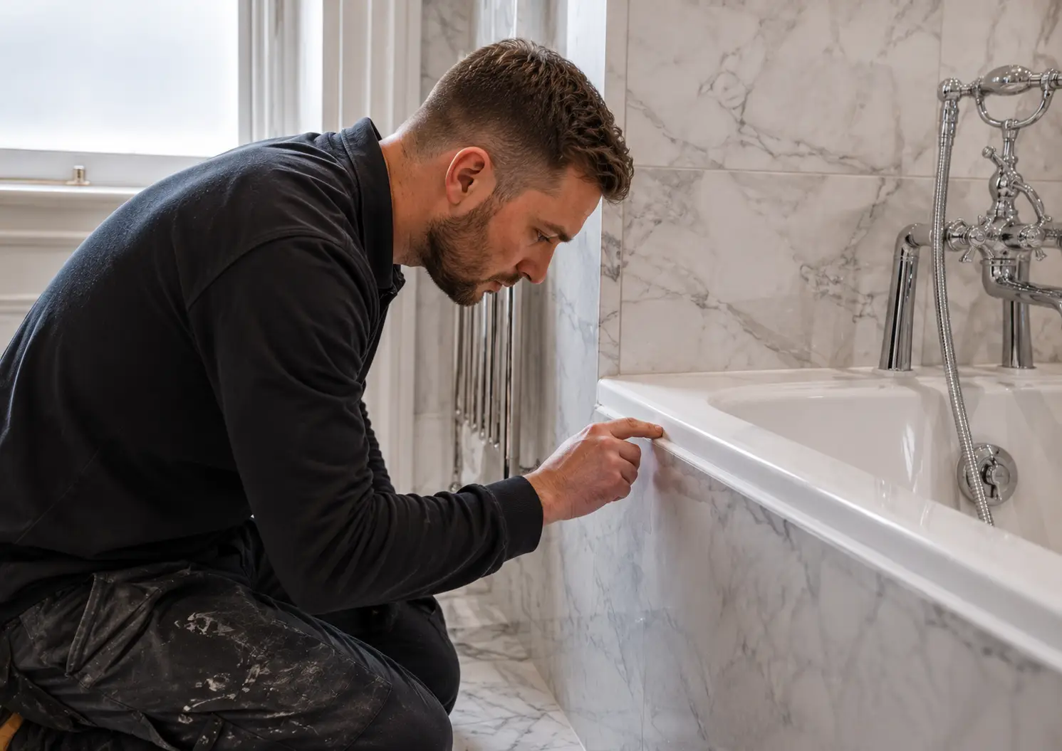 Craftsman inspecting bath sealant during a pre-tenancy property inspection in London