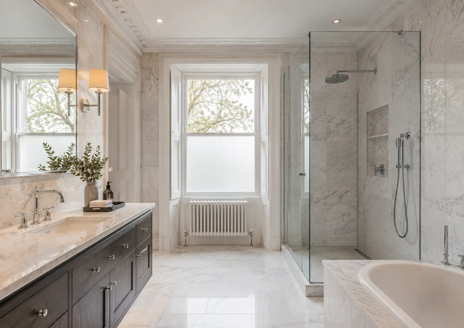 Luxury marble bathroom with perfectly sealed grout lines in a Central London flat