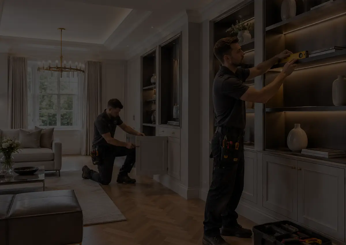 Qualified electrician carrying out an electrical safety inspection in a luxury Central London home with modern lighting and premium interior finishes.