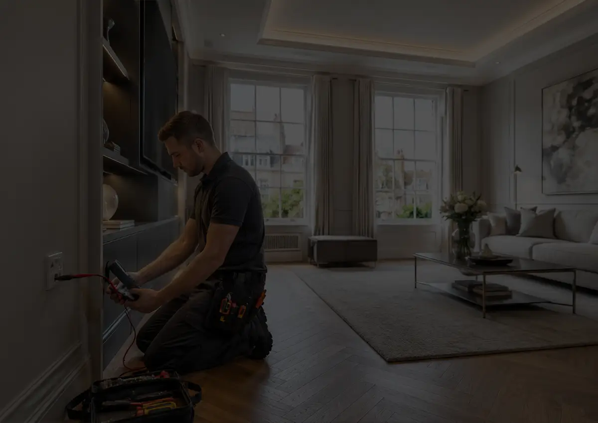 Professional handyman installing shelving and completing home improvement work inside a luxury Central London property with modern interior finishes.