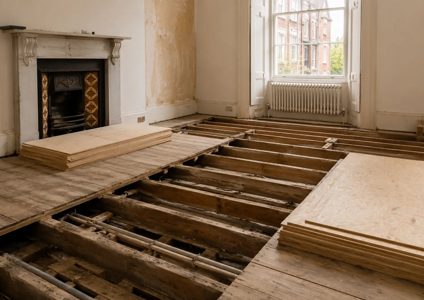 Exposed Victorian suspended timber joists during subfloor preparation in a London flat