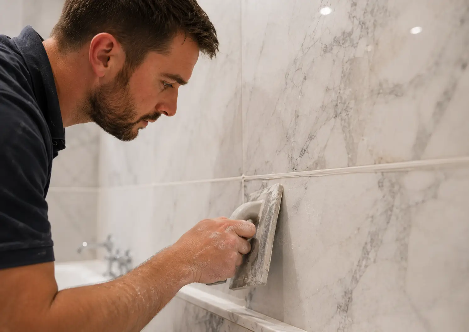Professional tiler regrouting marble bathroom tiles in a London flat