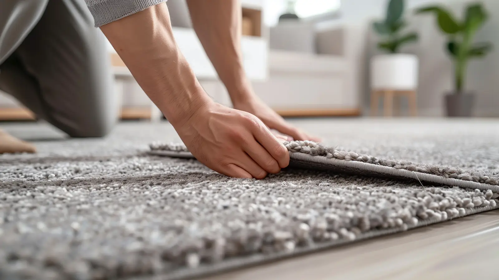 Fitter laying carpet with acoustic underlay in a London mansion block flat to meet lease flooring rules