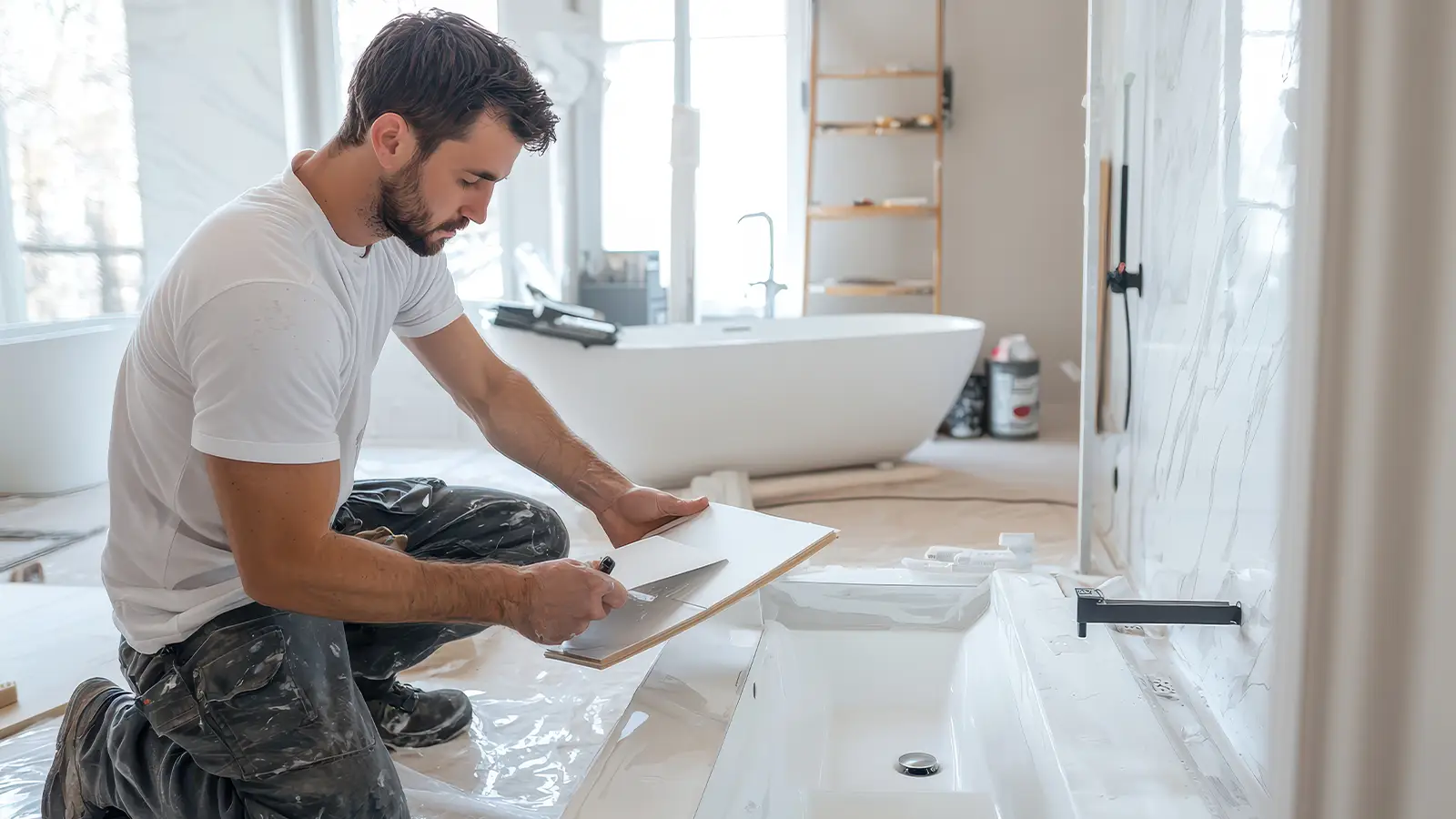 Contractor fitting panels during a bathroom renovation in a flat in a London mansion block