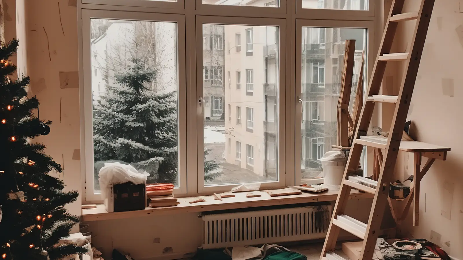 Room being decorated in winter with a ladder by the window and a Christmas tree, showing painting in cold weather
